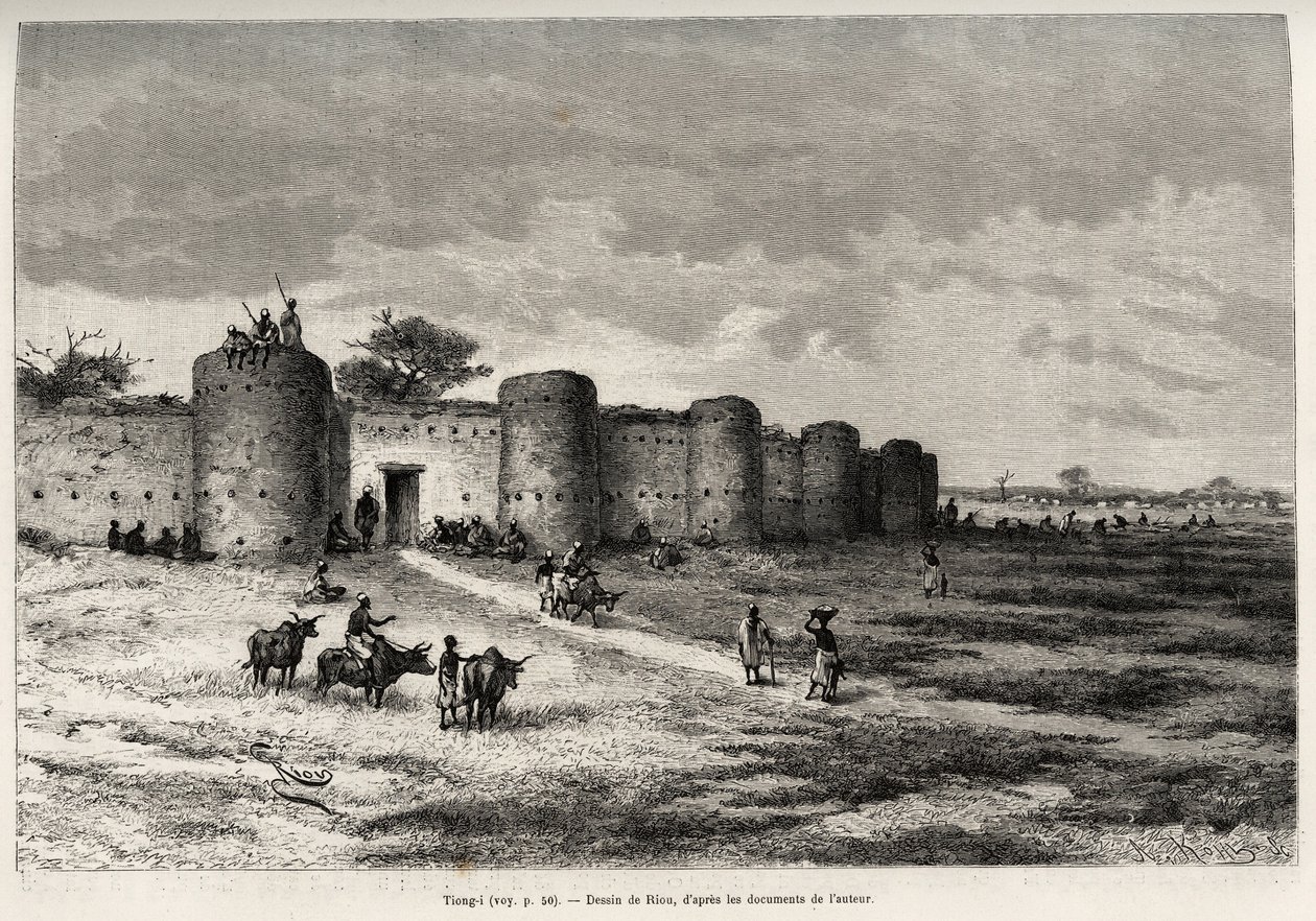 Die Stadt Tiong-Gi (Tiong Gi, Mali) mit ihren Befestigungen und Lehmhäusern. Gravur von Riou zur Illustration der Geschichte „Vom Niger zum Golf von Guinea“ von Hauptmann Louis Gustave Binger (1856-1936), veröffentlicht in Le Tour du monde von Edouard Riou