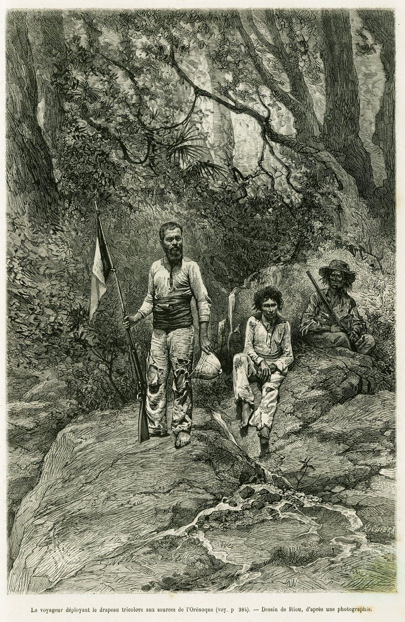 Der Reisende entfaltet die Trikolore an den Quellen des Orinoco. Gravur von Riou zur Illustration der Geschichte „Reise zu den Quellen des Orinoco“ 1886-1887, von Jean Chaffanjon, im Auftrag des Bildungsministeriums, in Le Tour du monde 1888, herausgegeben von Edouard Riou