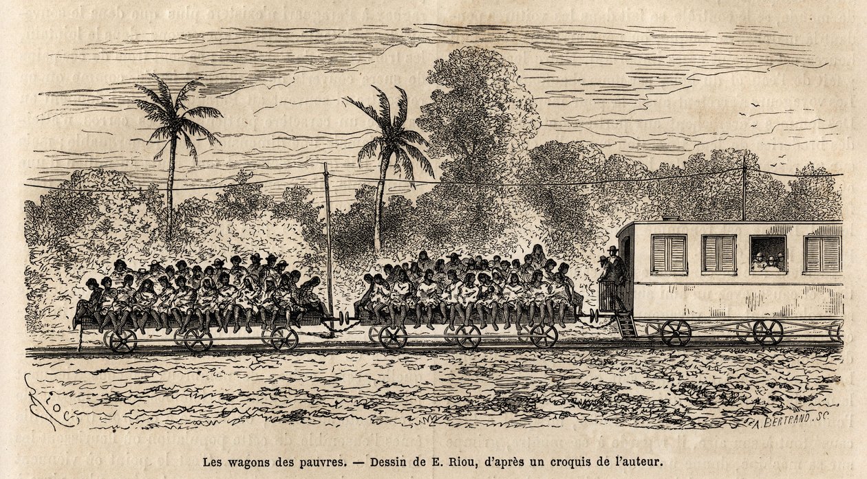 Der Wagen der Armen der paraguayischen Züge, einfache Plattformen, die an das Ende der Züge angehängt sind, auf denen sich die Passagiere nach der Abfahrt vom Bahnhof Assumption übereinander stapeln, Gravur nach der Zeichnung von E. Riou, zur Illustration  von Edouard Riou