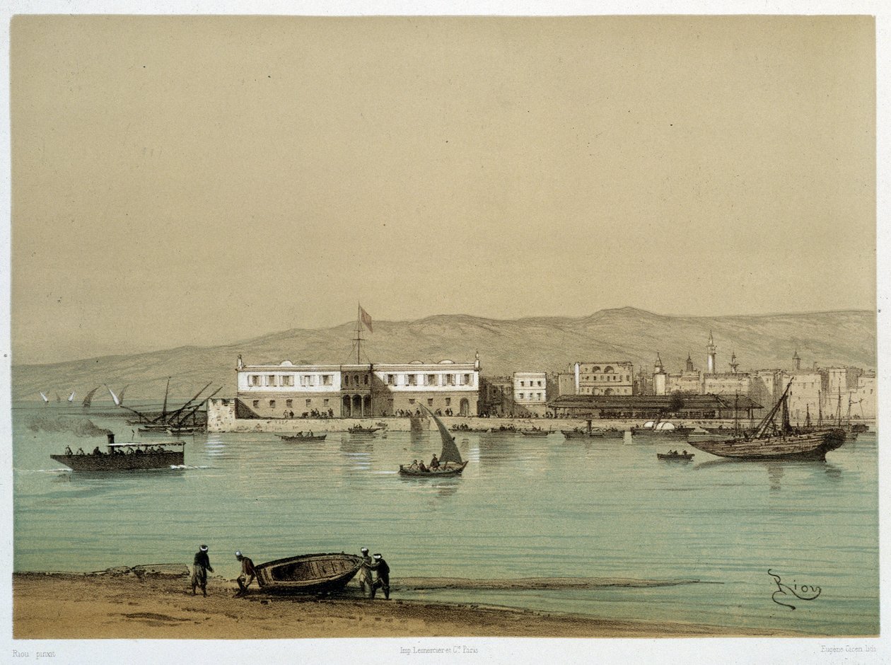 Ansicht des Kanals in „Einweihung des Suezkanals“ von G. Nicole. 1869 von Edouard Riou