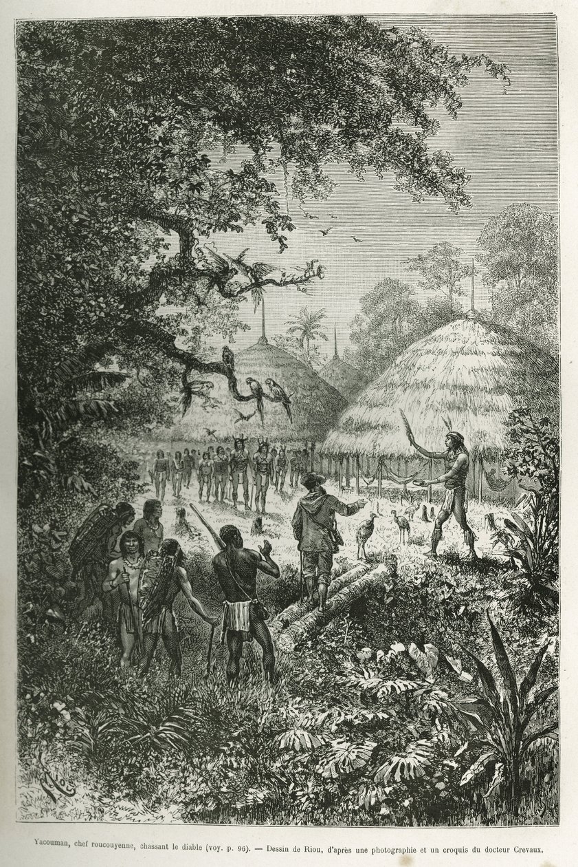 Yacouman, Roucouyenne-Häuptling, Stamm von Guayana am Ufer des Oyapock, der den Teufel vertreibt, er geht nach der Geburt eines Kindes durch das Dorf und besprengt mit einem Federpinsel eine milchig-weiße Flüssigkeit, Illustration nach einer Zeichnung von  von Edouard Riou