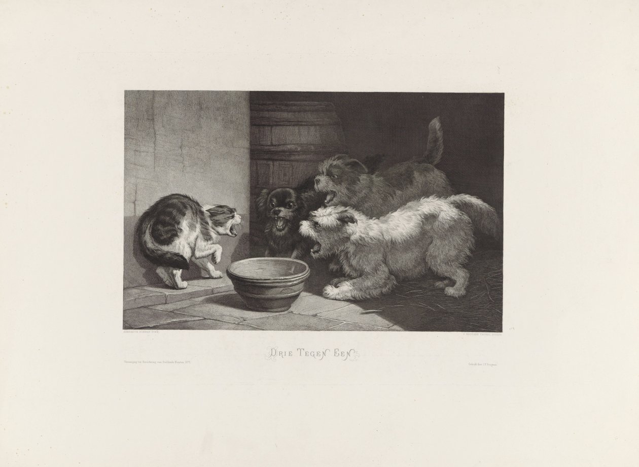 Fauchende Katze und drei bellende Hunde bei einer Schüssel von Edouard Taurel