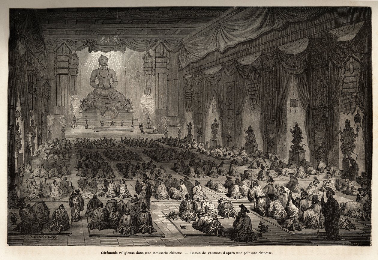 Religiöse Zeremonie in einer chinesischen Lamasserie, Zeichnung von Vaumort (?-1886), zur Illustration der Reise von Shanghai nach Moskau von 1859 bis 1862 von M. de Bourboulon, französischer Minister in China. Gravur in „Le tour du monde“, herausgegeben v von Edouard Vaumort