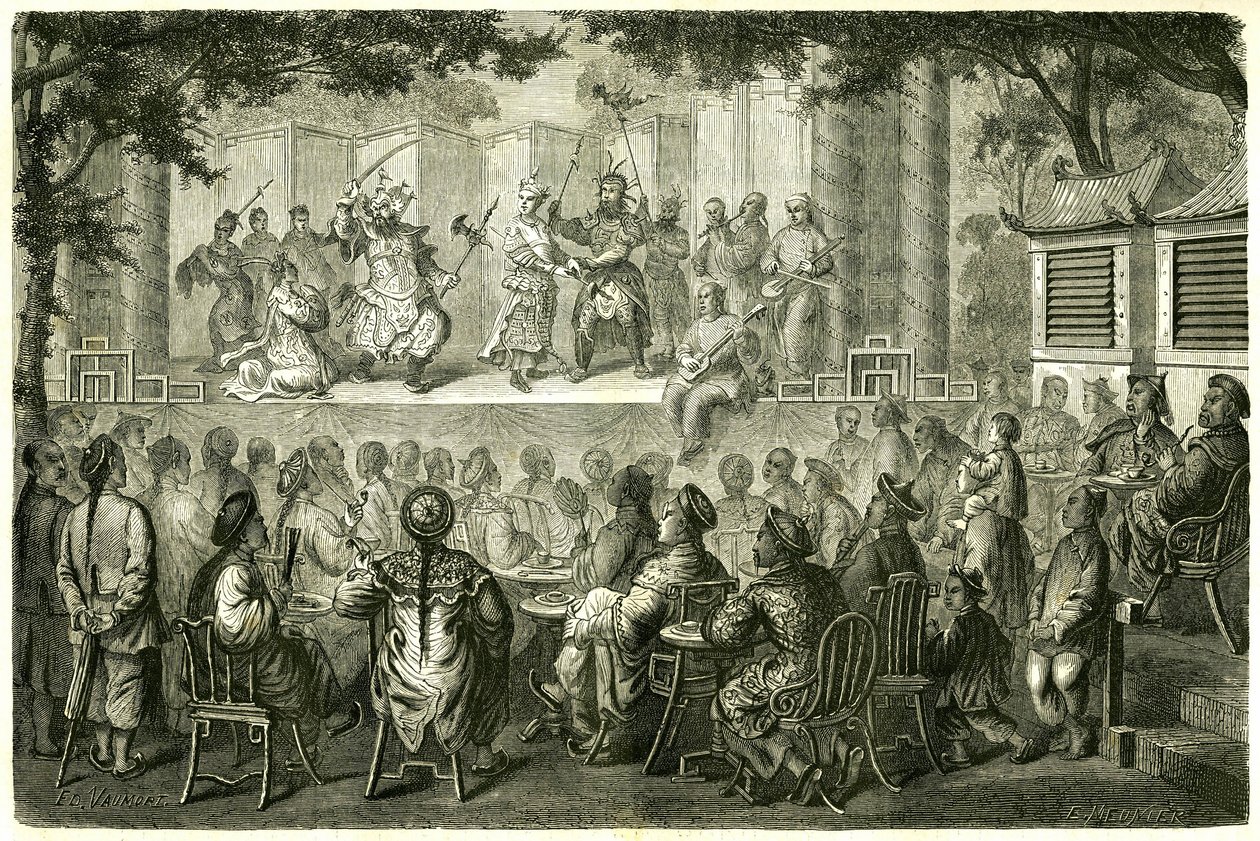 Ansicht einer Aufführung der Peking-Oper (Beijing), China, nach der Reiseerzählung von Madame de Bourboulon. Gravur nach einer Zeichnung von Vaumort, in „Le Tour du Monde, Nouveau journal des Voyages“, herausgegeben von Edouard Charton, Paris von Edouard Vaumort