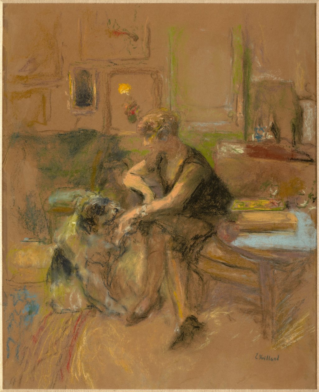 Gabrielle Jonas spielt mit einem Hund von Edouard Vuillard
