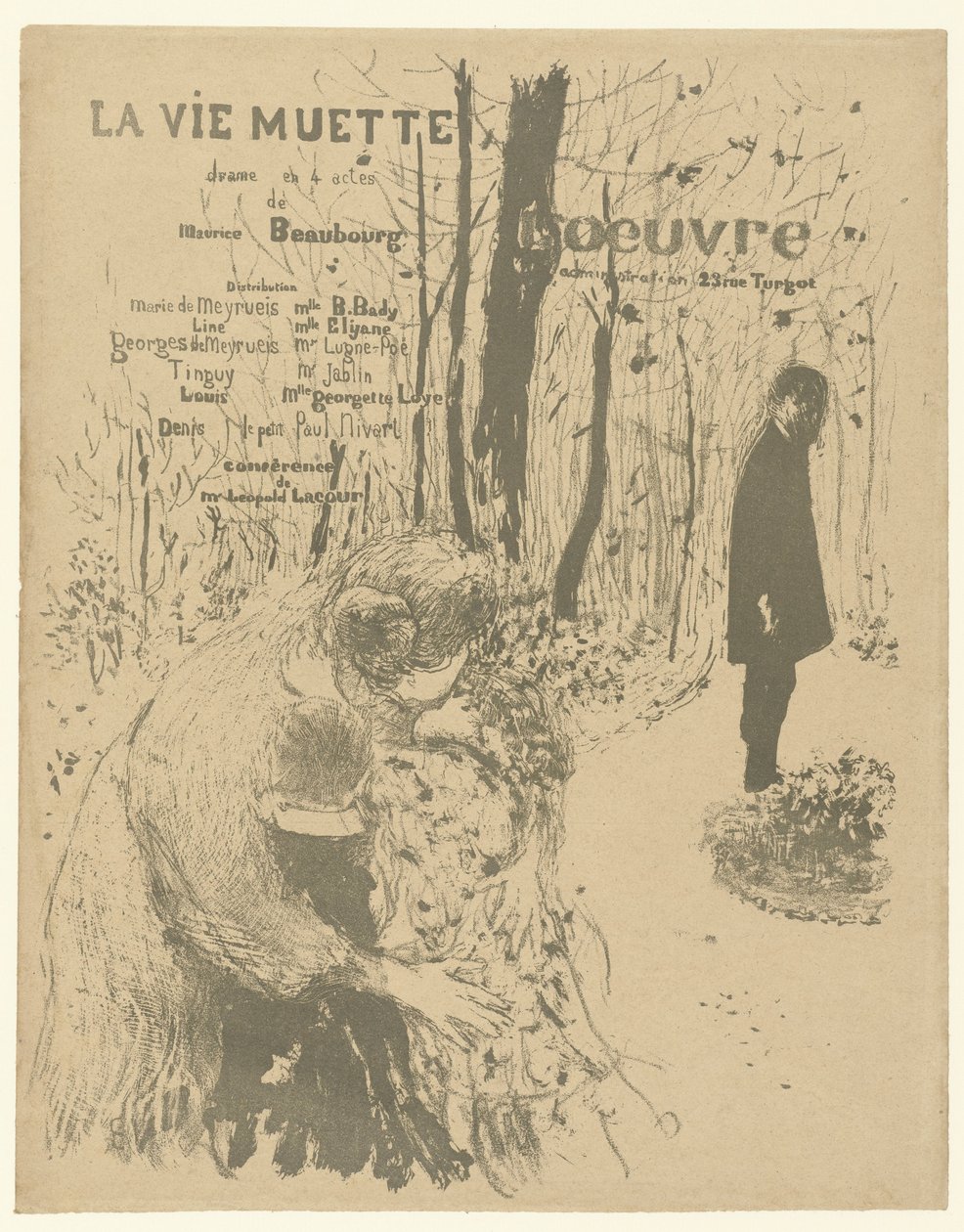 Umschlag für Programmheft mit Frau mit zwei Kindern und Mann im Park für das Theaterstück La vie muette von Edouard Vuillard