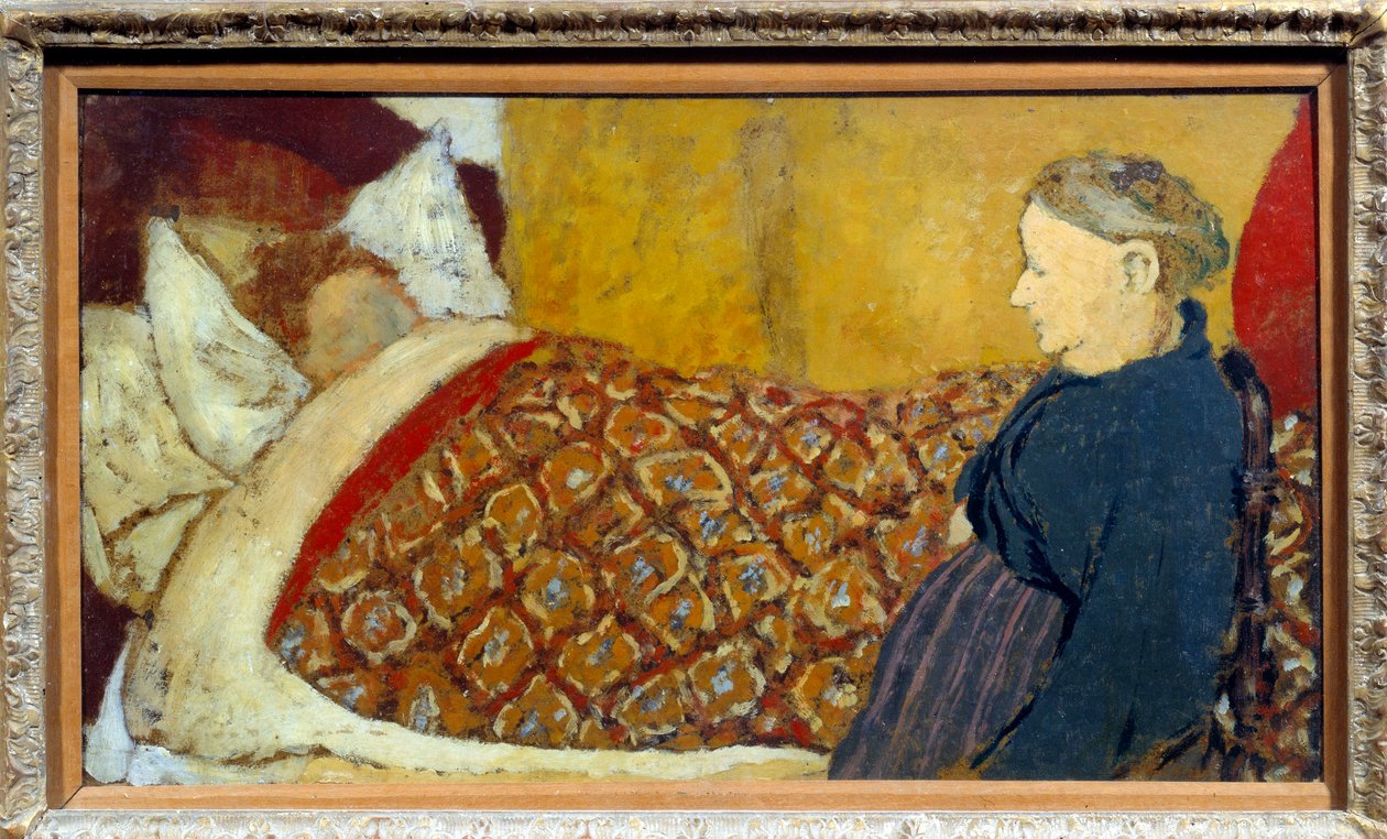 Das Wiegenlied: Eine Großmutter singt ein Wiegenlied oder erzählt eine Geschichte, um ein Kind in den Schlaf zu wiegen. Karton marouflé auf Holztafel von Edouard Vuillard von Edouard Vuillard