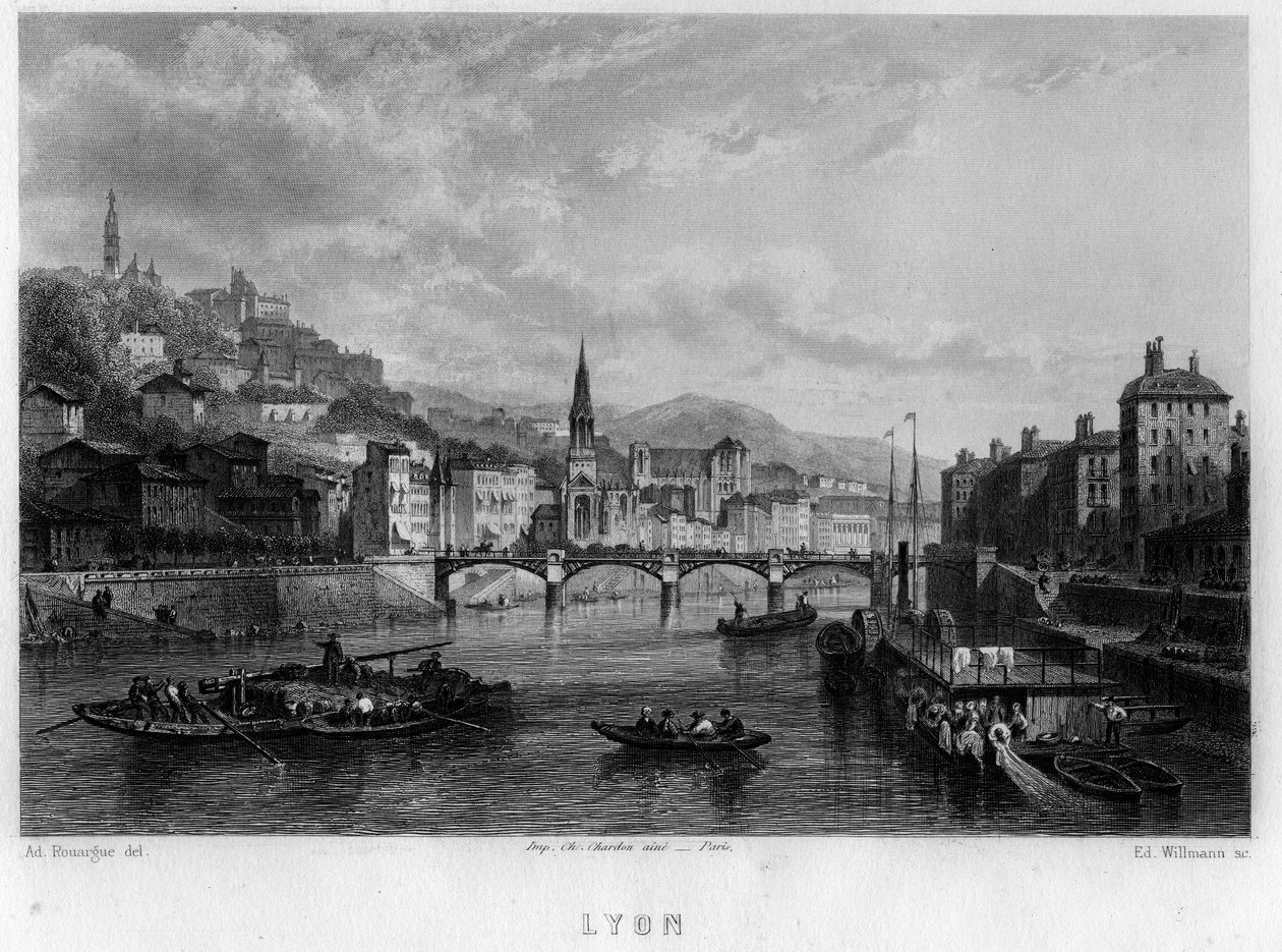 Ansicht der Stadt Lyon, Département Rhône, Region Rhône-Alpes, Frankreich. Gravur von Willmann in „La France ancienne et moderne“ von Jean-Bernard Mary-Lafon von Edouard Willmann
