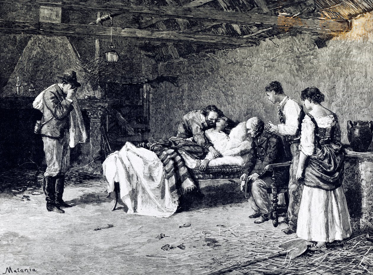 Tod von Anita Garibaldi auf dem Bauernhof des Marquis Guiccioli (Illustration) von Edouardo Matania