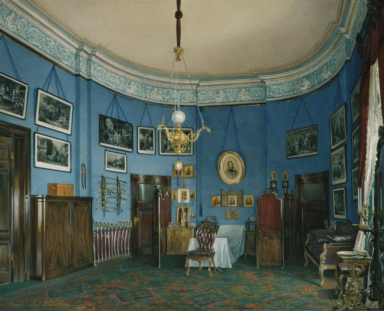 Innenräume des Winterpalastes. Das Schlafzimmer des Kronprinzen Nikolai Alexandrowitsch, 1865 von Eduard Hau