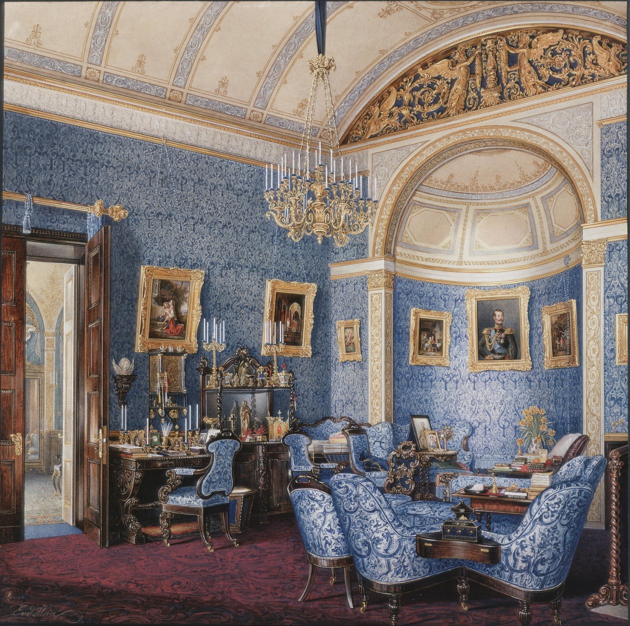 Innenräume des Winterpalastes. Das Boudoir der Kaiserin Maria Alexandrowna, 1850er Jahre von Eduard Hau