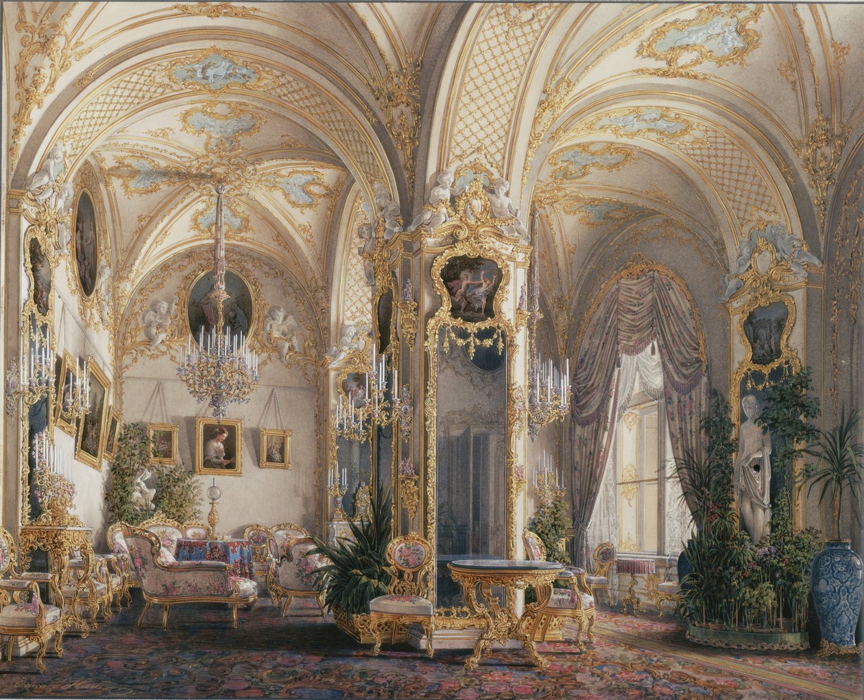 Innenräume des Winterpalastes. Das Wohnzimmer im Rokoko-Stil mit Putten, 1860er Jahre von Eduard Hau