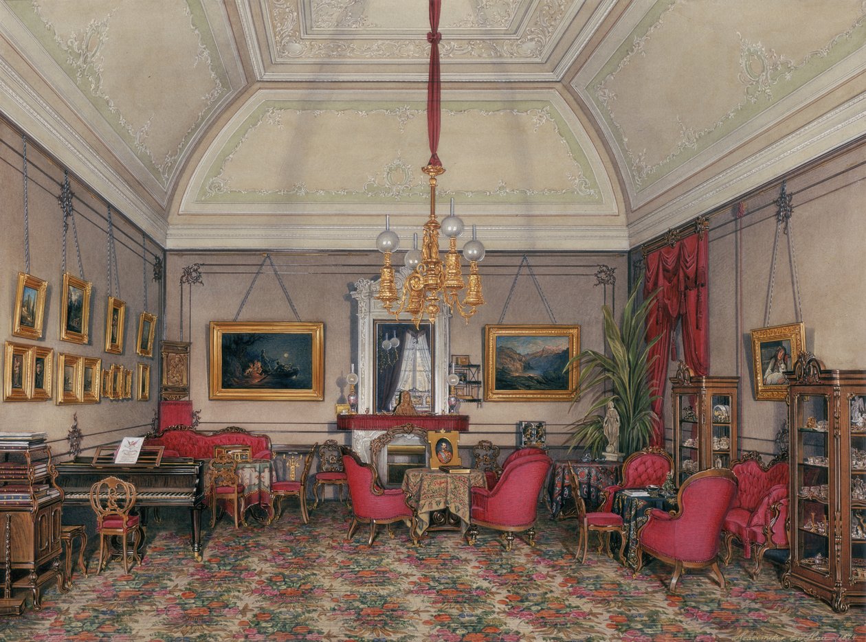Interieurs des Winterpalastes. Das fünfte reservierte Apartment. Das Wohnzimmer der Großprinzessin Maria Alexandrowna, 1874 von Eduard Hau