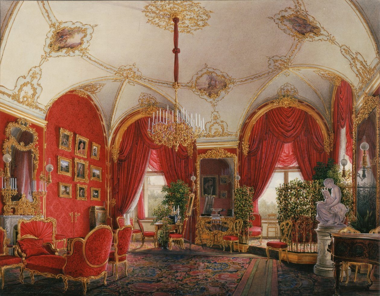 Innenräume des Winterpalastes. Das vierte reservierte Apartment. Das Eckzimmer, Mitte des 19. Jahrhunderts von Eduard Hau