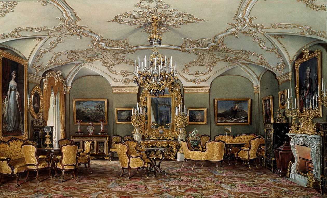 Ansicht des Salons von Alexandra Fjodorowna, Ehefrau von Zar Nikolaus I. im Gatchina-Palast (Aquarell) von Eduard Hau