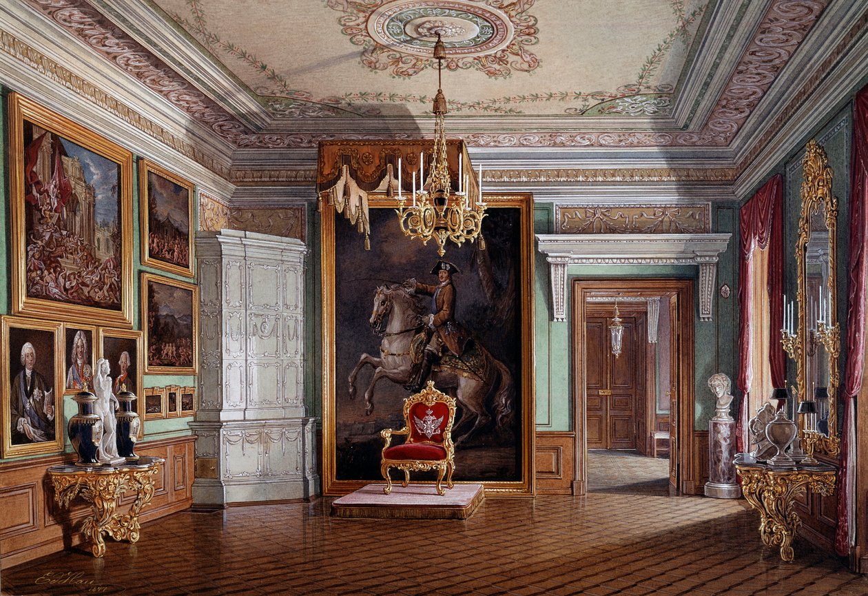 Ansicht des Thronsaals von Paul I. in Gatchina, im Zentrum das Porträt von Peter I. (Aquarell) von Eduard Hau