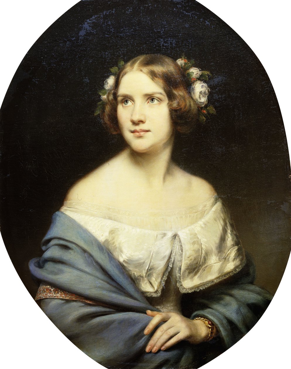 Porträt von Jenny Lind, stehend, halblang in einem weißen Kleid und einem hellblauen Schal von Eduard Magnus