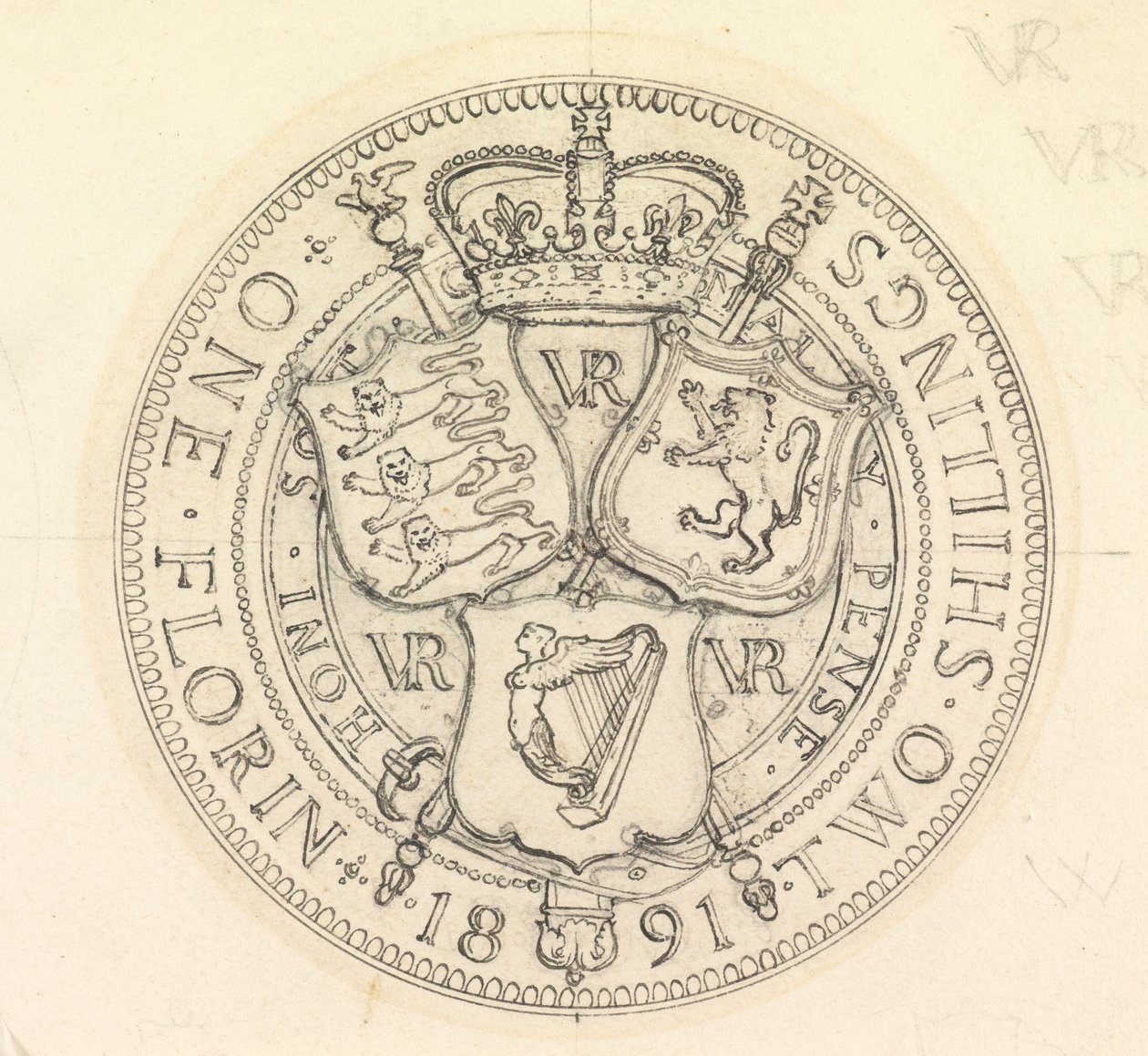 Zwei Entwurfsskizzen für den Florin und Shilling von Edward John Poynter