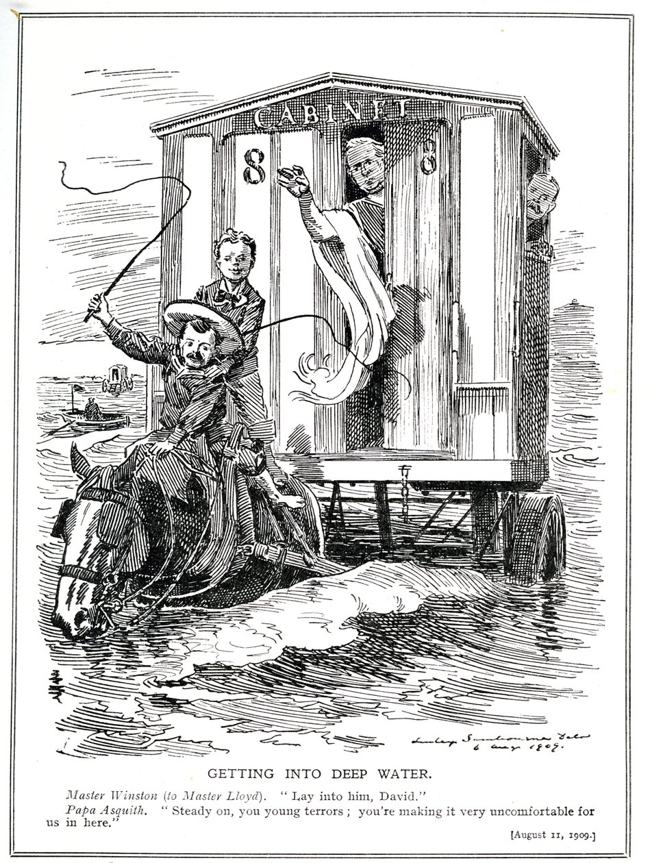 Premierminister Asquith hält Lloyd George und Winston Churchill davon ab, mit ihren feurigen Reden zur Unterstützung der Arbeitslosen und der Einführung eines Mindestlohns Alarm zu schlagen, 1909 von Edward Linley Sambourne