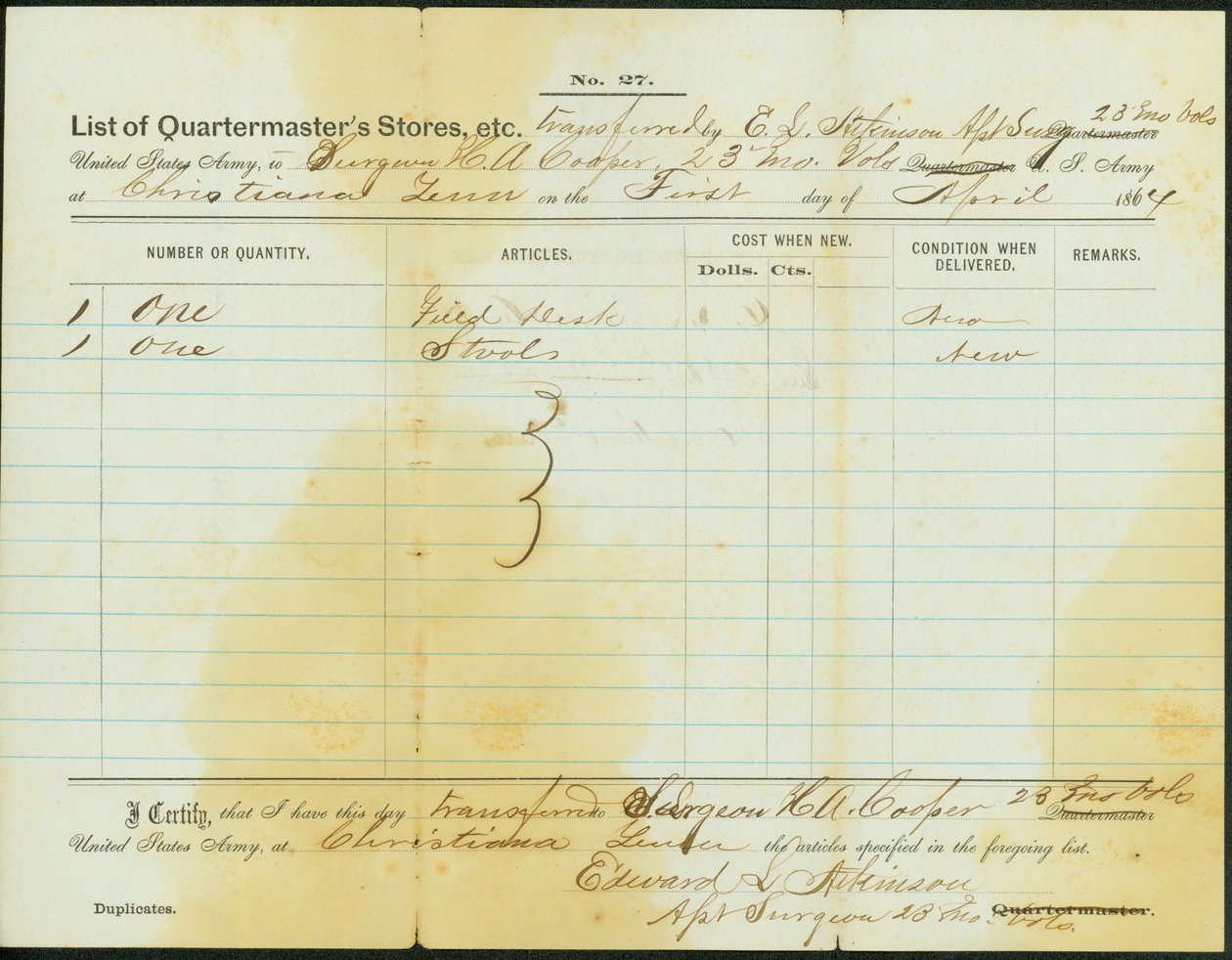 Liste der von Atkinson an Chirurg H. A. Cooper, 23. Missouri Freiwillige Infanterie, übertragenen Vorräte von Edward S. Atkinson