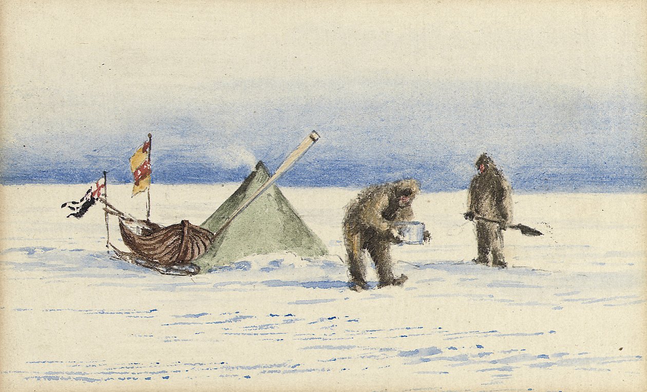 Die Schlittenparty zur White Island, Februar 1902: Shackleton und Wilson beim Lageraufbau, 1902 von Edward Adrian Wilson