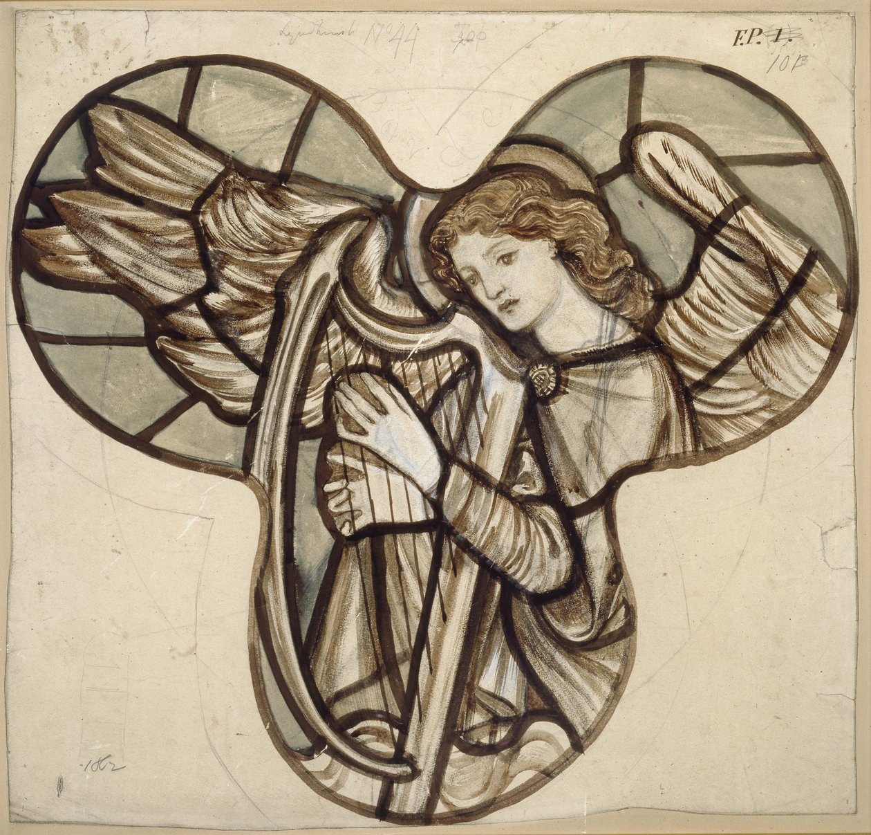 Entwurf für ein Buntglasfenster in der Lyndhurst Kirche: Ein Engel Harfenist, 1862 von Edward Burne Jones