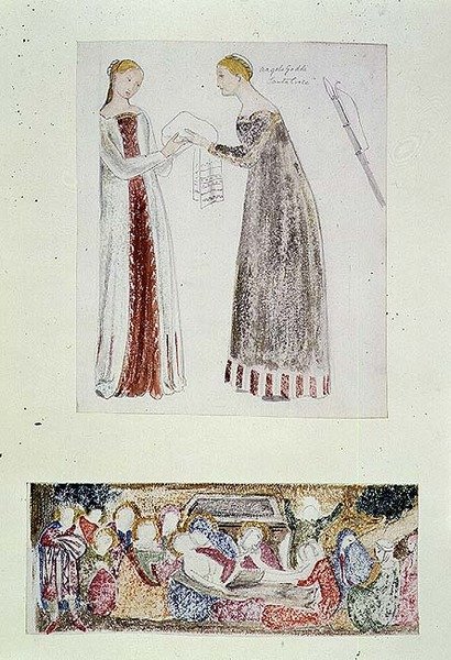 Nr.1084-f.10 Zwei Mägde, Kopie aus Die Geburt Mariens von Giovanni da Milano aus der Rinuccini-Kapelle, Florenz; Die Klage von Edward Coley Burne Jones