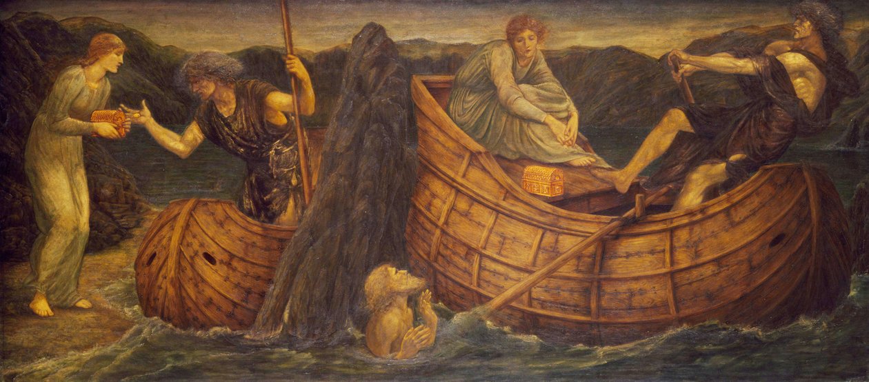 Amor und Psyche - Palastgrün-Wandbilder - Psyche gibt dem Fährmann des Styx die Münze, 1881 von Edward Burne Jones