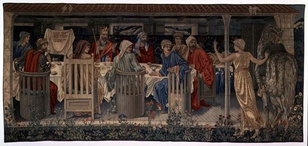 Suche nach dem Heiligen Gral, Tapisserien, Tafel 1, Ritter der Tafelrunde von der seltsamen Jungfrau zum Quest gerufen, 1898-1899 von Edward Burne Jones
