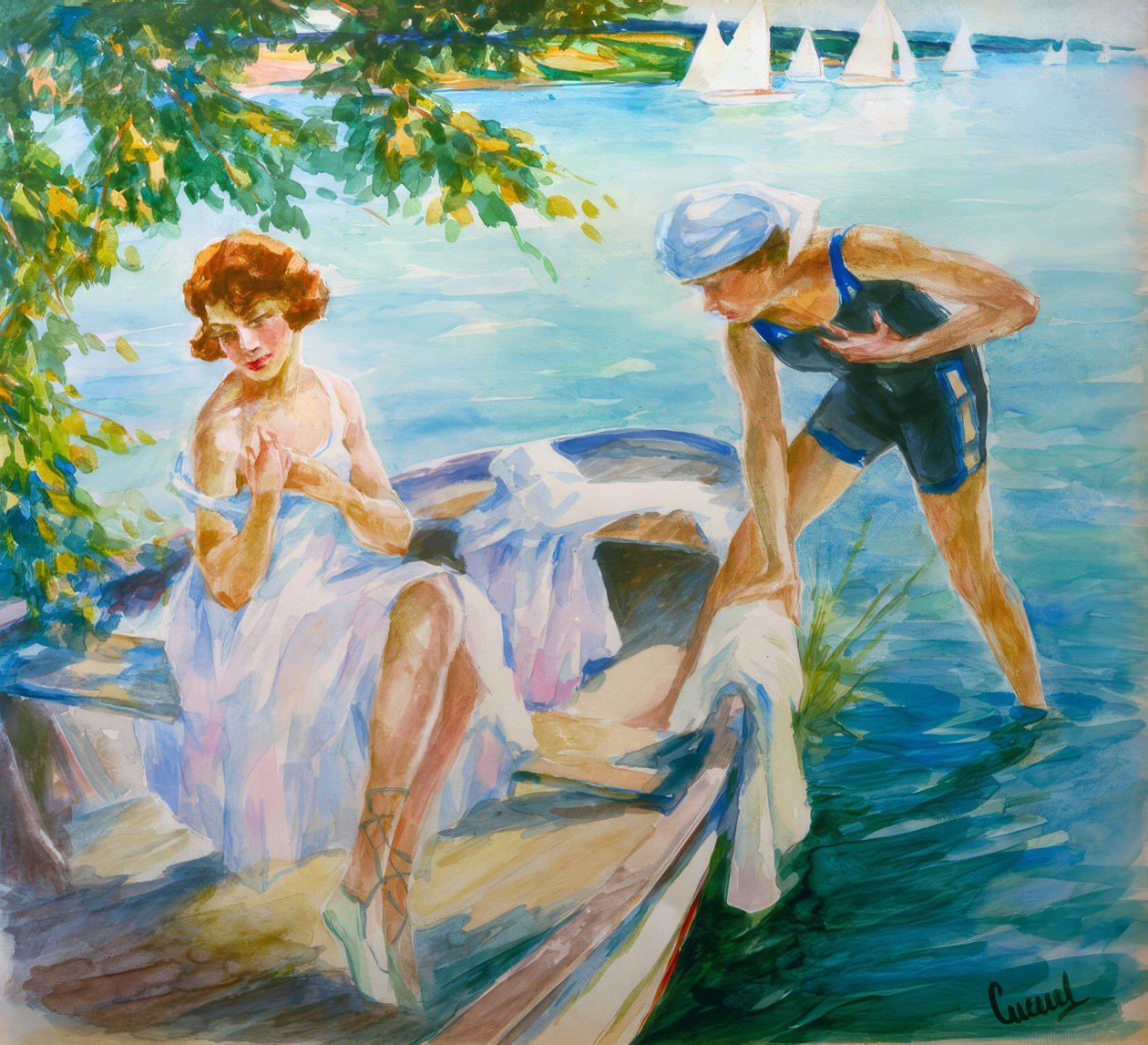 Sommertag am See mit zwei jungen Damen im Boot von Edward Cucuel