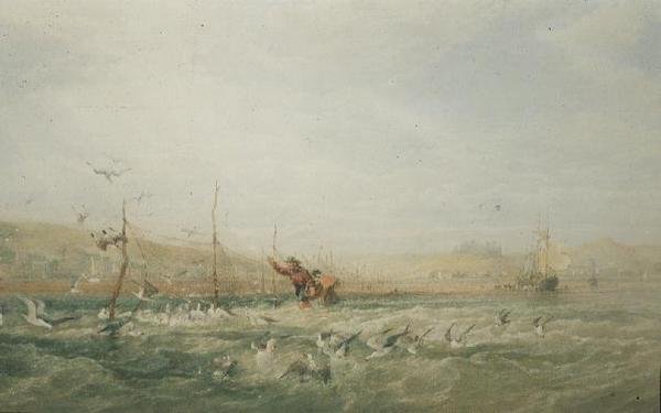 Fischer jagen Möwen von den Netzen, Mumbles, Südwales von Edward Duncan