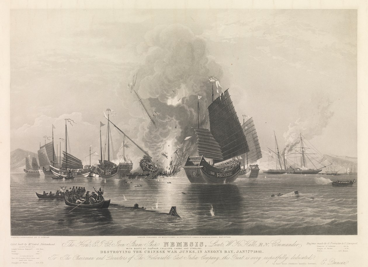 Das Ehrenwerte E.I. Co. Eisendampfschiff Nemesis, ... mit Booten von Sulphur, Calliope, Larne und Starling, die chinesische Kriegsschiffe in der Anson