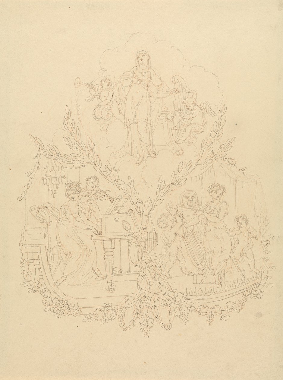 Weibliche Figuren und Putti spielen Musikinstrumente von Edward Francis Burney