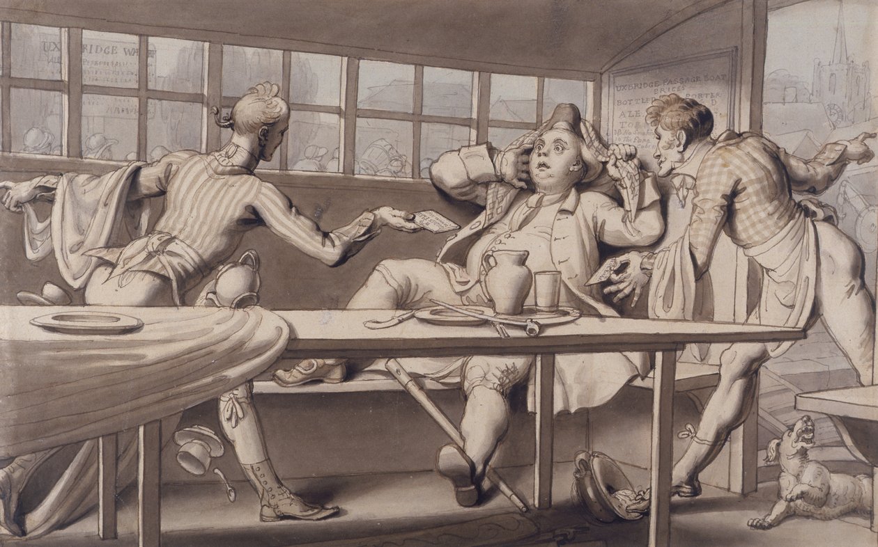 John Gilpin im Uxbridge Passage Boat (Feder mit blauer und brauner Wäsche) von Edward Francis Burney