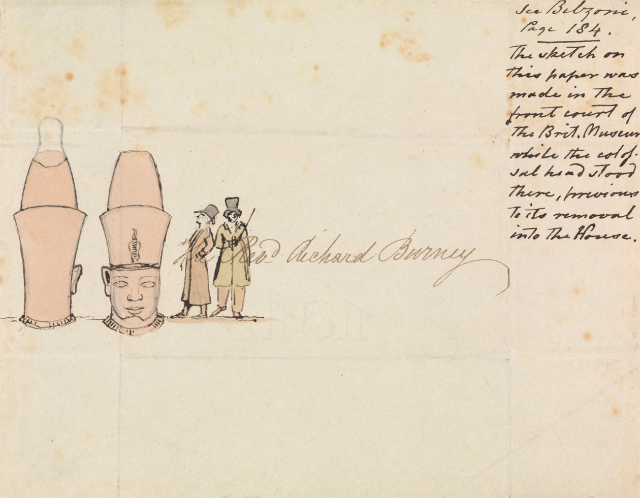 Brief an Rev. Richard Burney mit Zeichnung eines kolossalen Kopfes aus dem Hof des British Museum von Edward Francis Burney