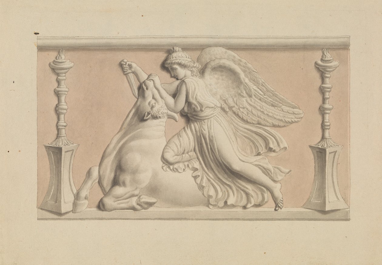 Geflügelte Figur, die einen Stier tötet von Edward Francis Burney