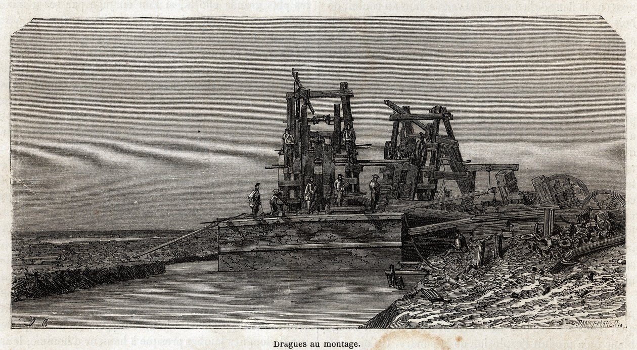 Bagger auf dem Suezkanal, Zeichnung von Grenet, zur Illustration eines Ausflugs zum Suezkanal im Jahr 1862 von Paul Merruau. Gravur in „Le tour du monde“, herausgegeben von Edouard Charton von Edward Grenet
