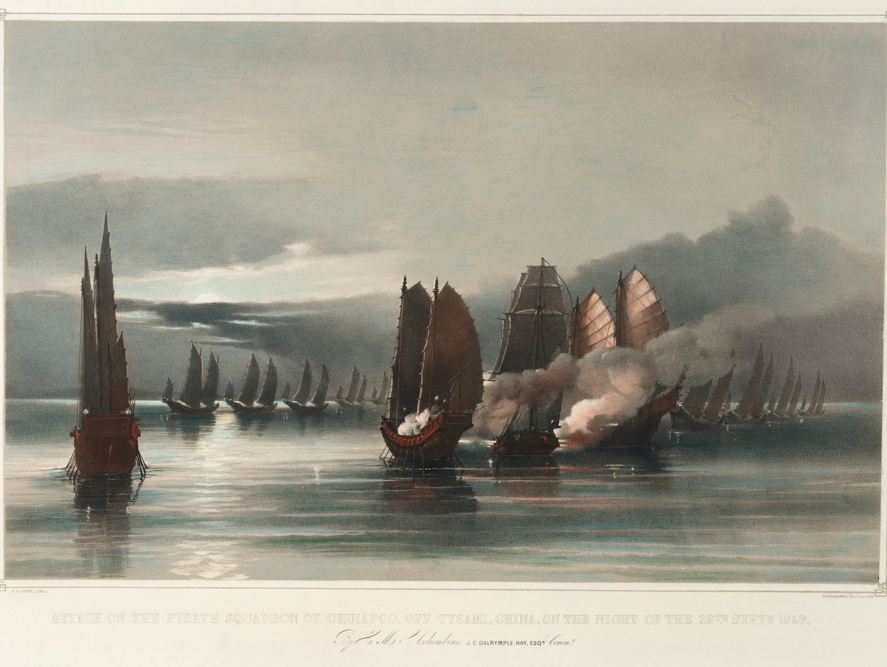 Angriff auf das Piratengeschwader von Chuiapoo, vor Tysami, China, in der Nacht des 28. September 1849 durch HMS Columbine, J C Dalrymple Hay, Esqr, Kommandant, ca. 1849 von Edward Hodges Cree