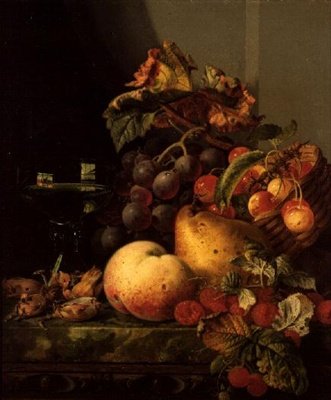 Ein Stillleben mit einem Glas Wein, Kirschen und anderen Früchten auf einem Vorsprung von Edward Ladell