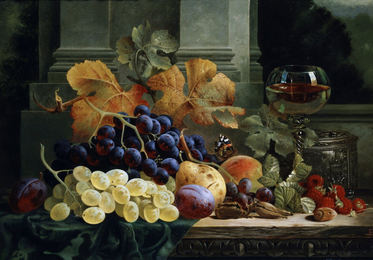 Stillleben mit Früchten und Schmetterling von Edward Ladell