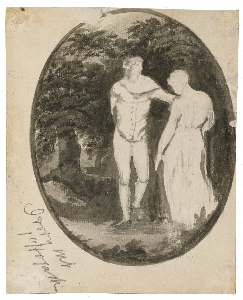 Ein Paar in einer bewaldeten Landschaft, oval (Rückseite), um 1838-1848 von Edward Lear