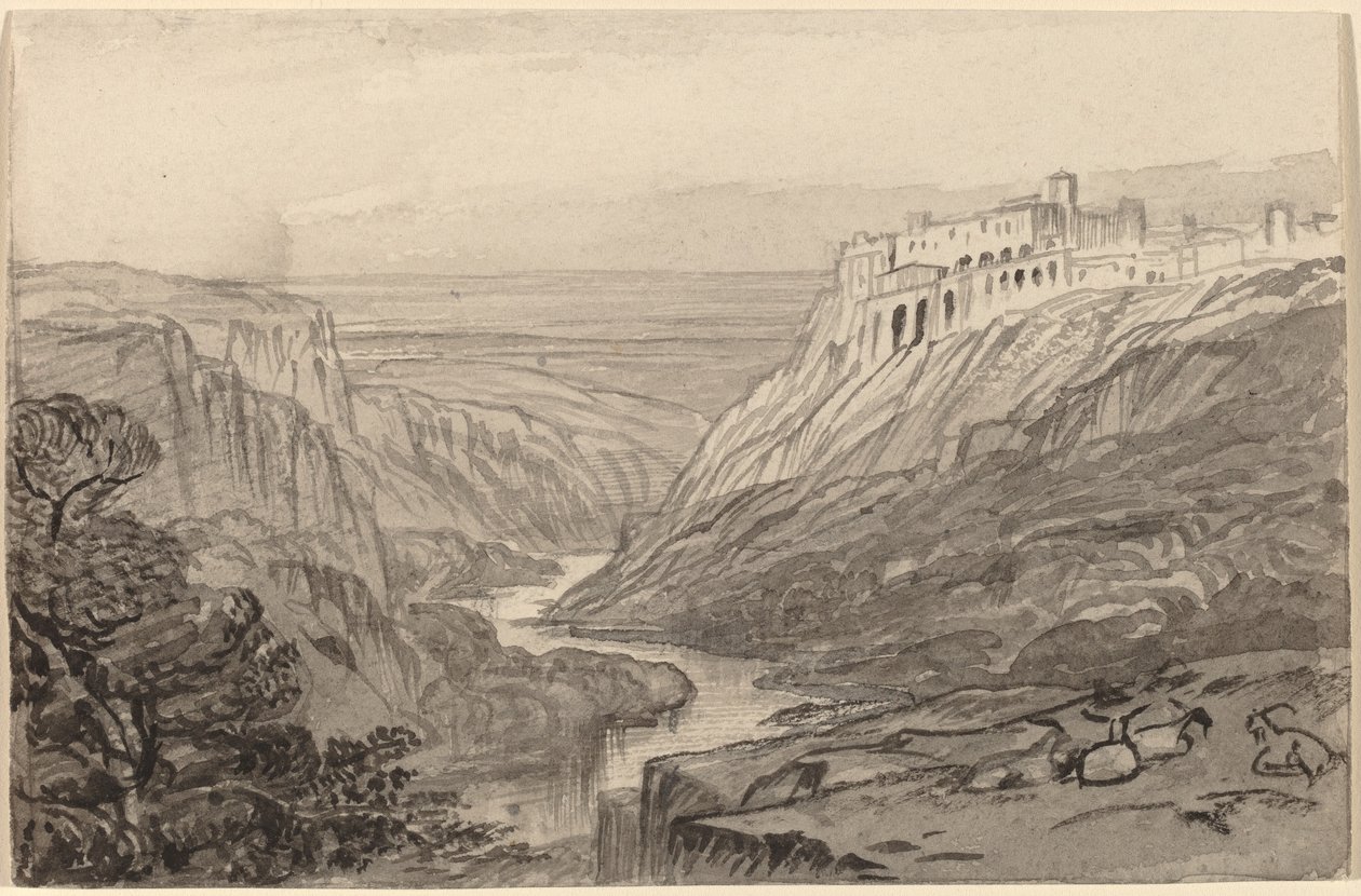 Ziegen ruhen über einer Flussschlucht, Narni, Italien, 1884-1885 von Edward Lear