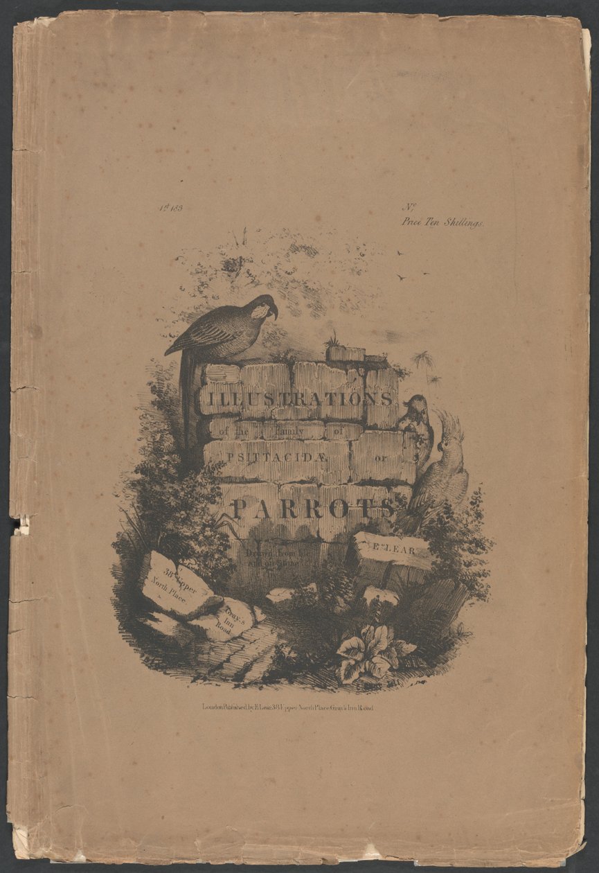 Illustrationen der Familie der Psittacidae oder Papageien, Teil 1: Folio-Umschlag, Titelseite, Widmungsseite, Abonnentenseite von Edward Lear