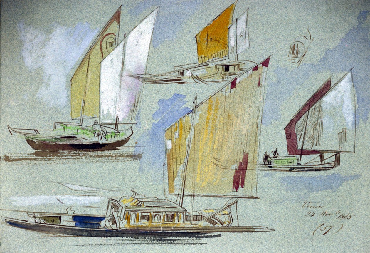 Studien von venezianischen Booten, bei voller Fahrt. Farbige Aquarellzeichnung, von Edward Lear (1812-1888). von Edward Lear