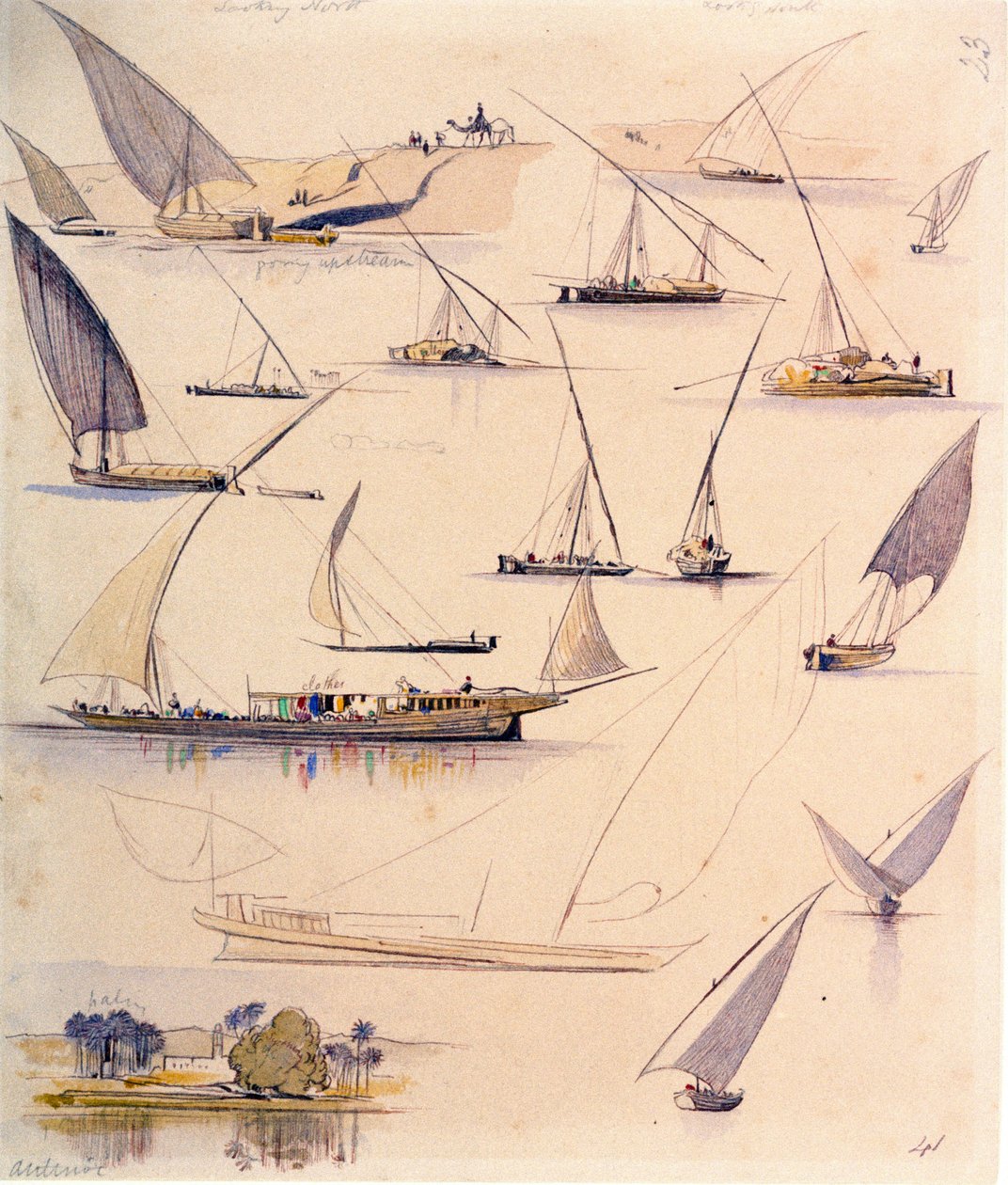Studien verschiedener ägyptischer Boote. Farbige Aquarellzeichnung von Edward Lear
