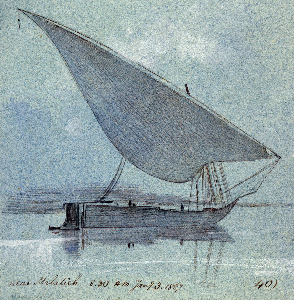 Studie eines Gyasi (ägyptisches Boot) in der Nähe von Malatieh (oder Malatia, Ägypten). Farbige Aquarellzeichnung von Edward Lear