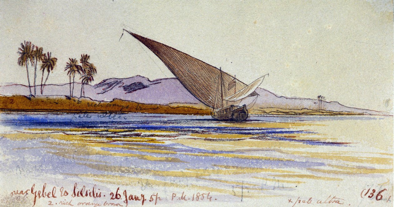 Die Ufer des Nils (Ägypten), mit Palmen und Gyassi, die dem Ufer zugewandt sind, in der Nähe von Gebel el Silsileh. Farbige Aquarellzeichnung von Edward Lear