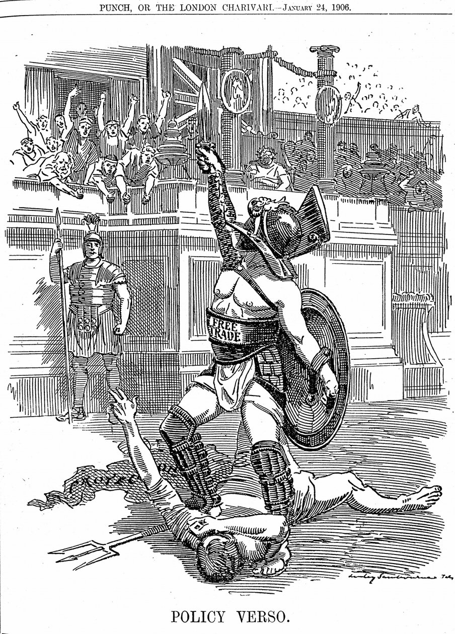 Mit der Rückkehr der liberalen Regierung in Großbritannien im Dezember 1905 war Freihandel die Politik, im Gegensatz zur konservativen Politik des Schutzes durch Zölle. Karikatur von Edward Linley Sambourne aus Punch London, 24. Januar 1906 von Edward Linley Sambourne