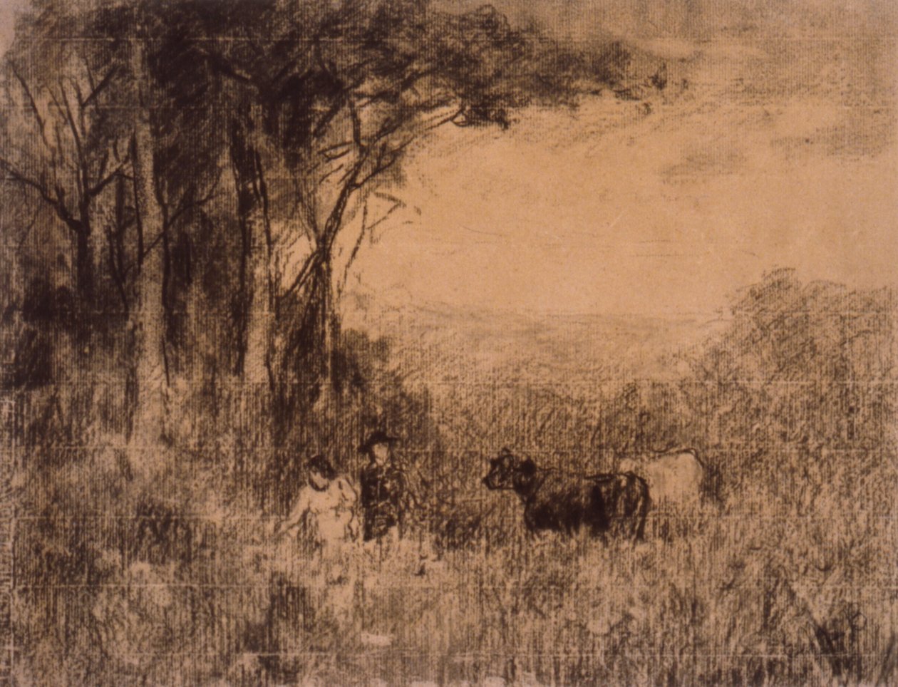 Landschaft mit Kühen und Figuren, die durch die Weide ziehen von Edward Mitchell Bannister