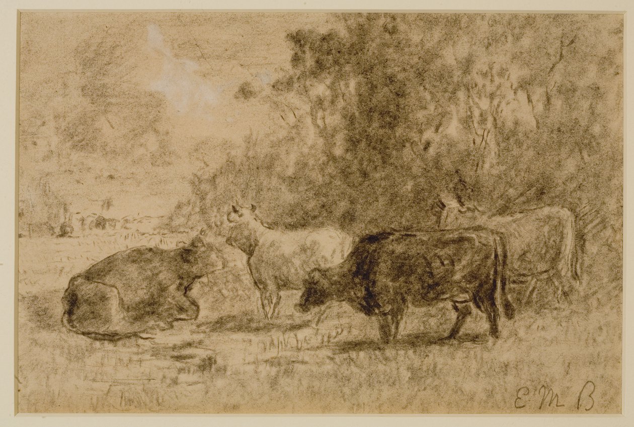 Landschaft mit vier Kühen, ca. 1880er (Kohle auf Papier) von Edward Mitchell Bannister